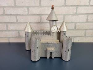 lot 2295 image: Vintage Handmade Folk Art Castle Lamp  Coin Bank - Made of Aluminum