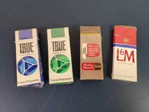 lot 2324 image: (4) Vintage 4-Pack Cigarette Boxes - TRUE, L&M and Phillip Morris