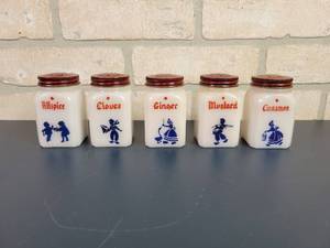 lot 2354 image: (5) Vintage Frank Tea & Spice Co. Milk Glass Spice Bottles