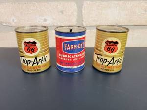 lot 2377 image: (3) Vintage Oil Can Banks - Trop-Artic & Farm-Oyl