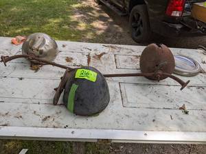 lot 216 image: (3) Antique Car Headlights and Bracket