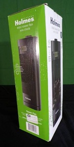 lot 4 image: New  Holmes 13 Oscillating 3 Speed Mini Tower Fan with Digital Clock Black