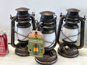 lot 92 image: Lot of 3 New Flicker Flame Hurricane Lanterns