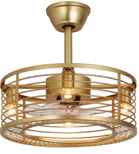 Gold Caged Ceiling Fans with Lights and Remote Control 6-Speed Reversible Noiseless Motor 18 Fandelier Ceiling Fans with Lights Bladeless Ceiling Fan Light (OPEN BOX)