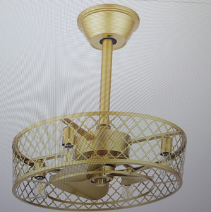 Wingbo Gold Caged Ceiling Fan, Lights 3speed Reversible Remote Control Timer (OPEN BOX)