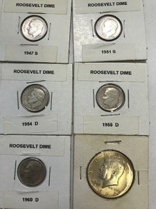 lot 273 image: 5 Roosevelt silver dimes and 1 Kennedy silver half dollar