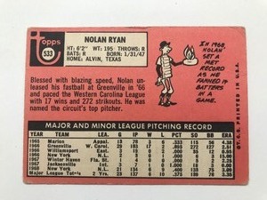 lot 283 image: 1969 Topps Nolan Ryan Baseball Card #533
