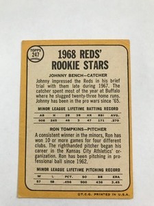 lot 360 image: Topps 1968 Johnny Bench  Ron Tompkins Rookie Card #247
