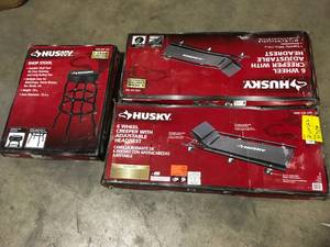 Mix lot of Husky accesories includes Mechanic 6 Wheel Creeper and Stool, Review all pictures