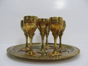 lot 13 image: Set of 6 Solid Hammered Brass Goblets & Round Tray