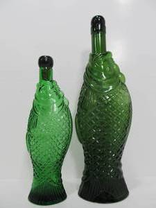 lot 20 image: 2 Vintage Green Glass Fish Bottles