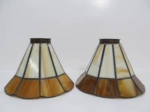 lot 23 image: Matching Pair of SlagStained Glass Lamp Shades