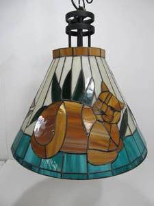 lot 24 image: Great Looking Large Stained Glass Hanging Lamp wLions
