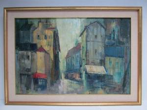 lot 43 image: Excellent LARGE Mid Century 1960s Oil on Canvas Cityscape Painting 