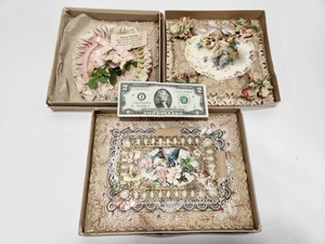 lot 162 image: Fabulous Lot of 3 Large Ornate Antique Victorian Valentines wOriginal Boxes