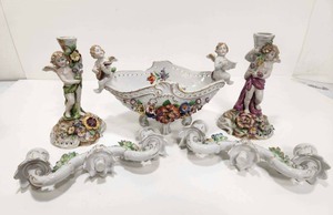 lot 195 image: Very Nice Antique Signed Porcelain Figural Group wCandle Holders