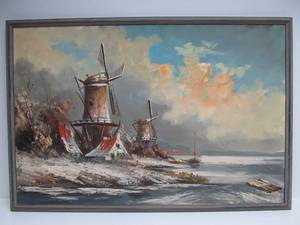 lot 114 image: Excellent Vintage Mid Century Oil on Canvas Painting wWindmills
