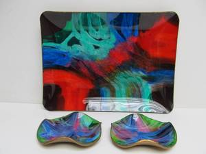 lot 122 image: Signed Mid Century Mayfair Enameled Large & 2 Smaller Trays
