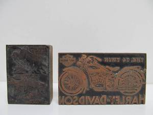 lot 124 image: 2 Vintage Brass Printers Blocks Including Harley Davidson Motorcycle Advertising Block