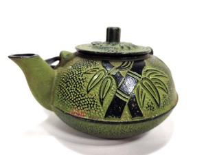 lot 219 image: Small Signed Japanese Kafuh Green Cast Iron Teapot