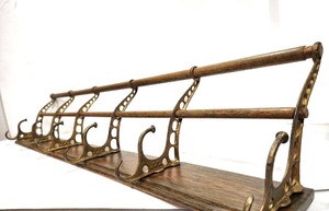lot 245 image: Antique 1880s Oak & Brass Train Car Style Udells Hat & Coat Rack 