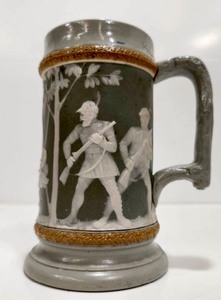 lot 255 image: Original Antique German Signed METTLACH Beer Stein wBoar Hunting Scene