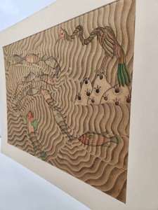lot 199 image: Fantastic Original Pen & Ink wWatercolor or Gouache Painting - Japanese Style Fish & Large Bird