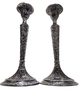 lot 269 image: Matching Pait of Ornate Silver Plated Candlesticks