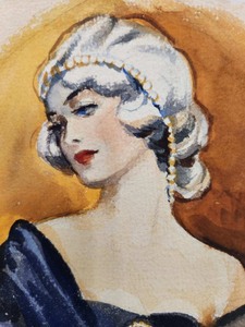lot 282 image: Small Unframed Signed Vintage 1930s Original Watercolor Portrait of a Lovely Woman Holding Her Brooch