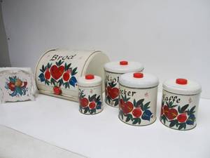 lot 294 image: Lot of Mid Century Kitchen Ware & Canister Set wHand Painted Rosemaling