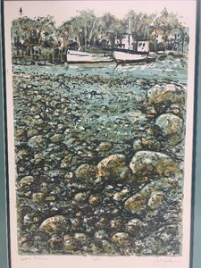 lot 304 image: Vintage Framed Signed Lithograph - Boats & Rocks
