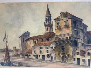 lot 305 image: Framed Vintage Original Watercolor or Gouache Painting - Harbor Town Scene