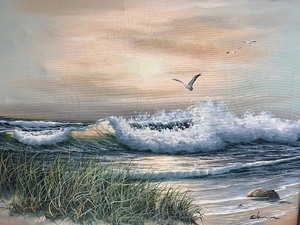 lot 310 image: Framed Signed Oil on Canvas Seashore Painting wSeagull