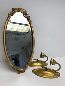 lot 334 image: Very Nice Antique Brass Mirror & Wall Sconce Set