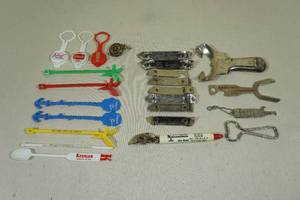 lot 130 image: Assorted Vintage Bottle Openers, Stir Sticks, Bottle Savers - Hamms, Grain Belt, Budweiser