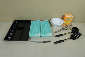 lot 154 image: Assorted Kitchen Products -Ice Trays, Scrub Daddy, Utensils, Organizing Trays