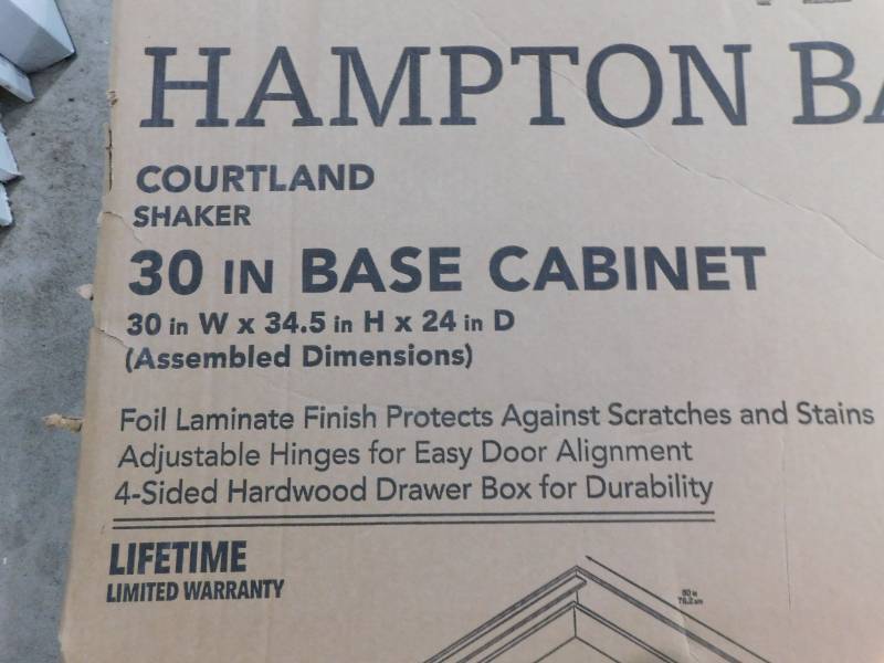 Hampton Bay Courtland Shaker Assembled 30 in. x 34.5 in. x 24 in. Stock Base Kitchen Cabinet in Polar White Finish
