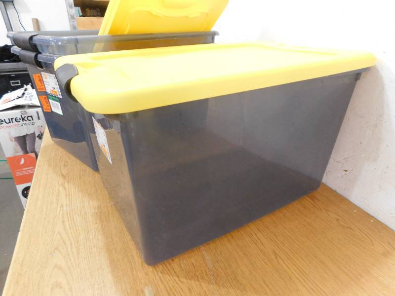 64 Qt. Latching Storage Box in Gray Tint with Yellow Lid