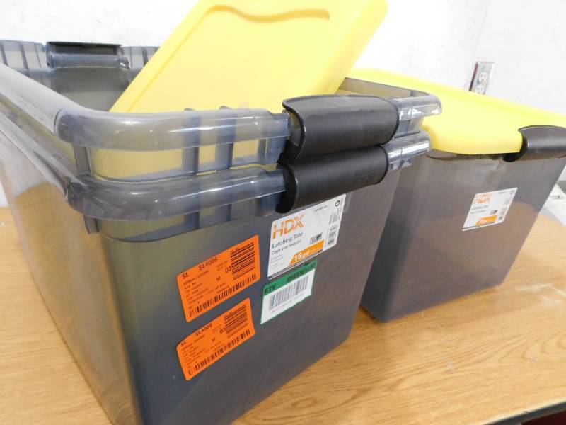 64 Qt. Latching Storage Box in Gray Tint with Yellow Lid