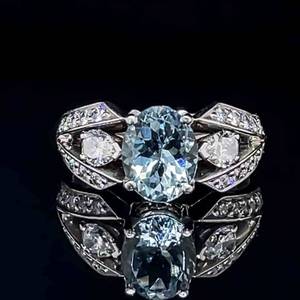 2.95 Carat Oval Aquamarine & Diamond Three Stone Pave Milgrain Split Shank Ring in 14k White Gold $4,600 Retail VIDEO
