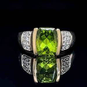 Cushion Peridot & Diamond Half Bezel Pave Cathedral Ring in 14k Two-Tone Yellow & White Gold $1950 Retail VIDEO