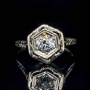RARE ANTIQUE ESTATE 0.33 Carat Diamond Old European Cut Solitaire Geometric Top Openwork Textured Ring in 18k White Gold $2650 Retail VIDEO