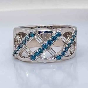 Round Brilliant cut Fancy Blue & White Diamond Open Basket Weave Band in 14k White Gold $1999 Retail