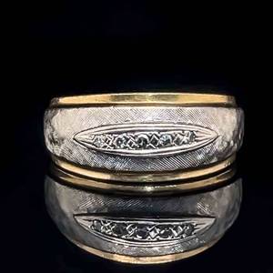 Mens Diamond Accent Engraved Etched & Bright Shine Ring in 14k Two-Tone Yellow & White Gold $1600 Retail VIDEO