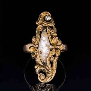 RARE ANTIQUE ESTATE Victorian Baroque White Pearl & Diamond Antique Estate Horn Ring in 14k Yellow Gold $2200 Retail VIDEO