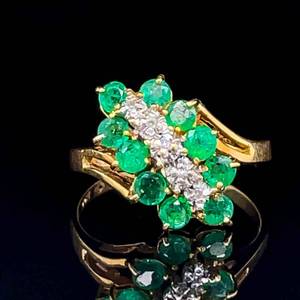Sparkling Diamond & Natural Emerald Cluster Triple Row Bypass Estate Ring in 14k Yellow Gold $1550 Retail