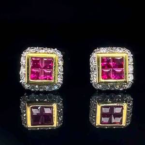 High End Estate 1.50 Carat Natural Ruby & Diamond Pave Square Stud Earrings in 18k Yellow Gold $3,250 Retail VIDEO