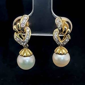 Diamond Ribbon & White Cultured Pearl Dangle Drop Earrings in 14k Yellow Gold $1100 Retail VIDEO