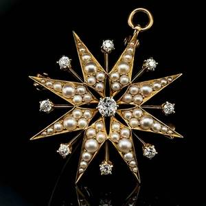 RARE ANTIQUE ESTATE 1.00 Carat Diamond & Seed Pearl Starburst Constellation Pendant & Brooch (Pin) in 14k Yellow Gold $3,250 Retail VIDEO