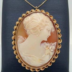VINTAGE ESTATE Romantic Carved Shell Cameo Estate Pendant Brooch in 14k Yellow Gold VIDEO